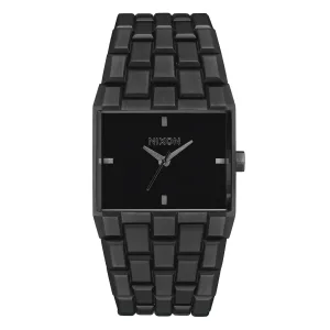 A sleek black Nixon watch with a rectangular face, silver hands, and a chunky link metal band, offering a modern, stylish look.